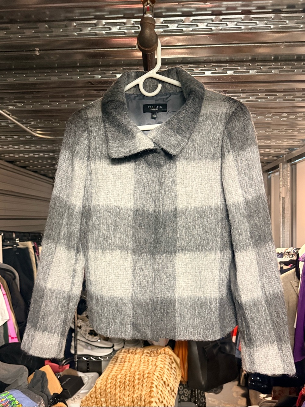 Talbots Gray Plaid Wool-Blend Cropped Pea Coat